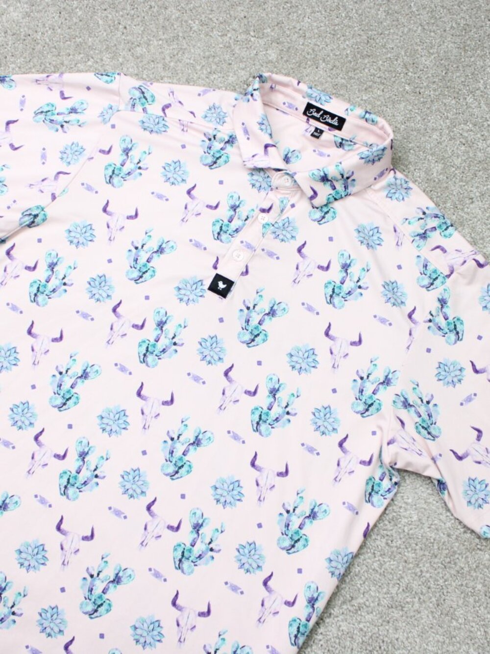 Bad Birdie The Ranch Polo Shirt Mens Large Pink Cactus & Cow AOP Short Sleeve - Picture 3 of 11